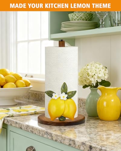 GAJ Lemon Paper Towel Holder Yellow Lemon Kitchen Decor for Countertop Gifts for Women Wooden Stand with 3D Resin Fruit Accent NonSlip Base Fits Standard Jumbo Rolls - Image 3