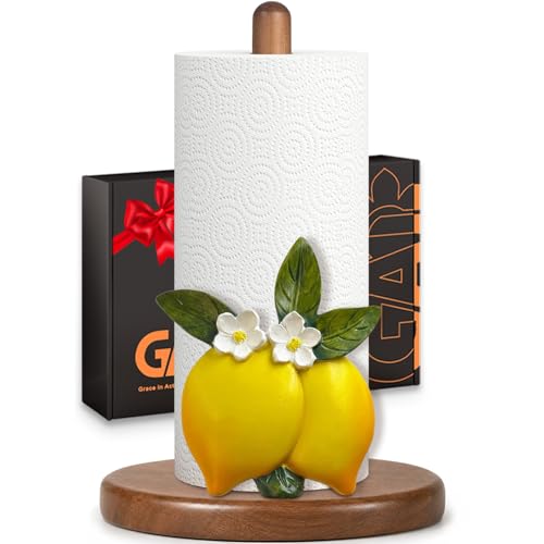 GAJ Lemon Paper Towel Holder Yellow Lemon Kitchen Decor for Countertop Gifts for Women Wooden Stand with 3D Resin Fruit Accent NonSlip Base Fits Standard Jumbo Rolls - Image 1
