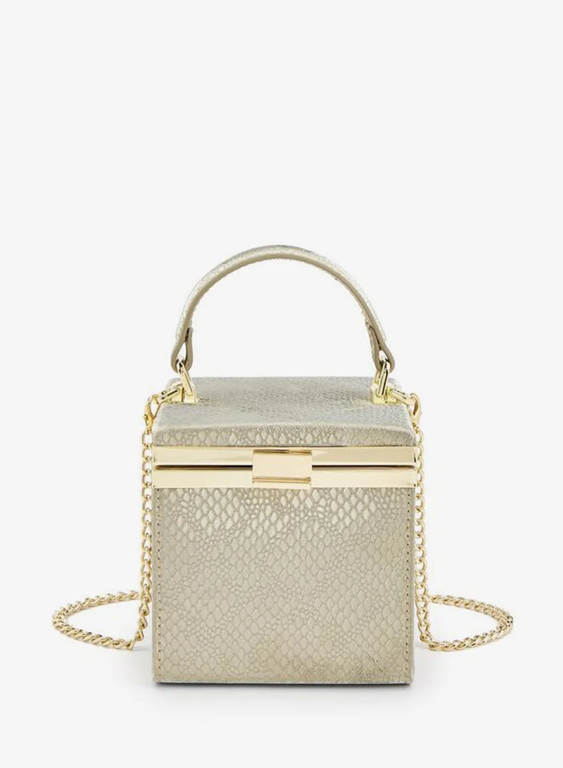 Elegant Golden Box Style Handbag With A Structured Silhouette And Top Handle Ramadan Collection