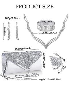 DUNISO 5Pcs Clutch Bag Rhinestone Jewelry Set with Necklace Earrings Bracelets Ring Rhinestone Purse Bag Glitter Evening Bag Wedding Bridal Bridesmaid Costume Jewelry Set for Women and Girls Dress Accessorie  - Image 5