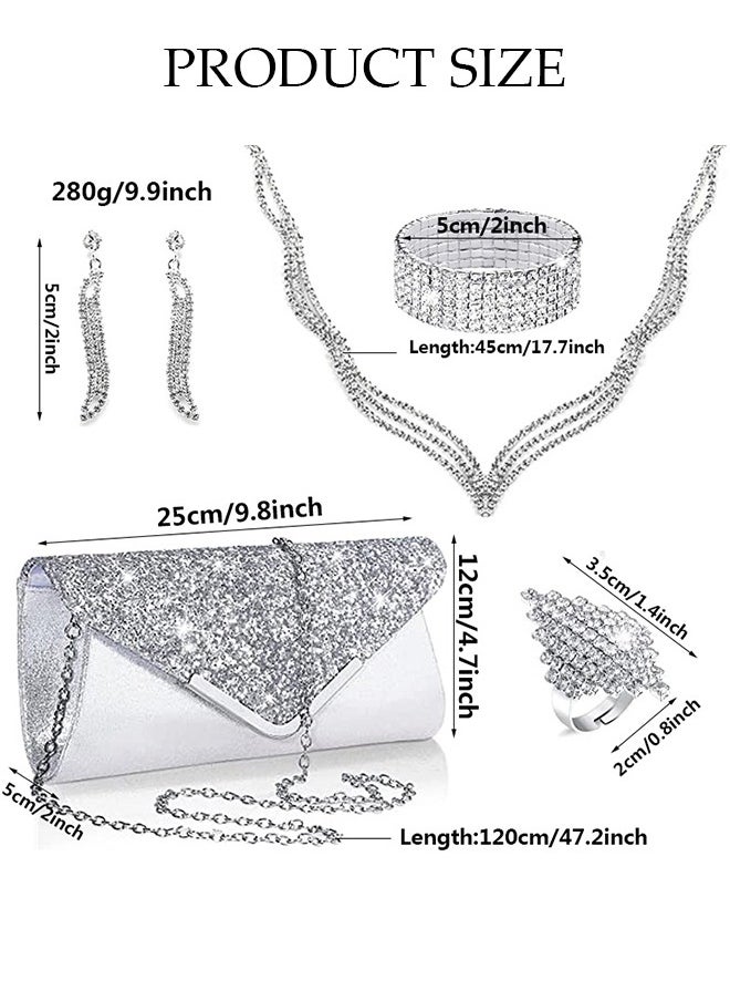 DUNISO - 5Pcs Clutch Bag Rhinestone Jewelry Set with Necklace Earrings Bracelets Ring Rhinestone Purse Bag Glitter Evening Bag Wedding Bridal Bridesmaid Costume Jewelry Set for Women and Girls Dress Accessorie - Image 1