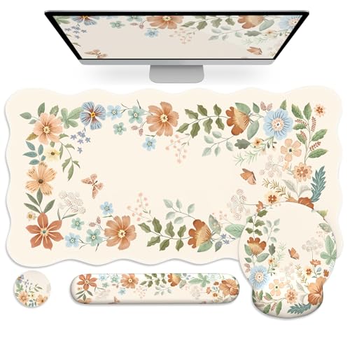 Anyshock Scalloped Office Desk Cover Mat+Keyboard Wrist Rest+Mouse Wrist Rest+Coaster Set,Scalloped Desktop mat for Teacher Desk Cover,Pastel Home Office Essentials - Image 1