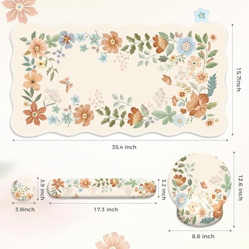 Anyshock Scalloped Office Desk Cover Mat+Keyboard Wrist Rest+Mouse Wrist Rest+Coaster Set,Scalloped Desktop mat for Teacher Desk Cover,Pastel Home Office Essentials - Image 2
