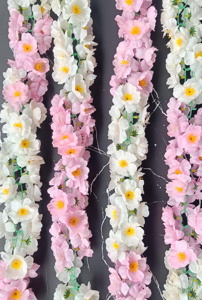 VRB Dec 1 Pcs Artificial Flowers Vine Blossom/Roses Garland Fake (6 feet) Flowers Fabric Roses/Blossom Garland for Wedding Decor Diwali/Ganpati/Garden Wall Valentine (White & Pink Combo Blossom) - Image 1