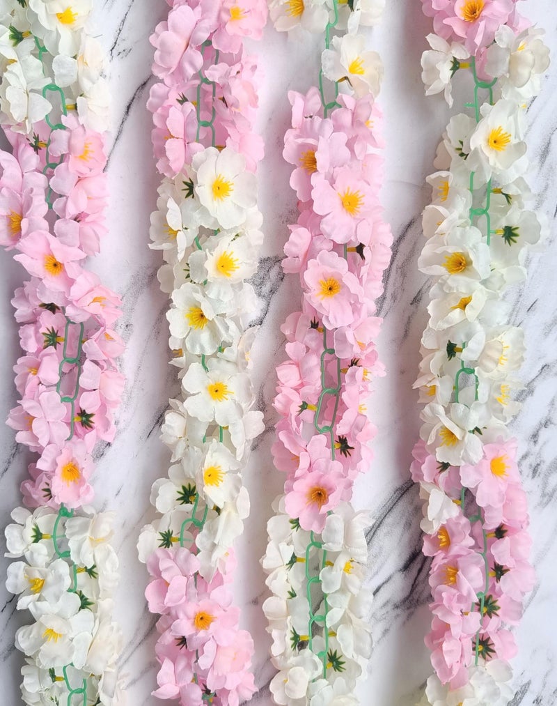 VRB Dec 1 Pcs Artificial Flowers Vine Blossom/Roses Garland Fake (6 feet) Flowers Fabric Roses/Blossom Garland for Wedding Decor Diwali/Ganpati/Garden Wall Valentine (White & Pink Combo Blossom) - Image 5