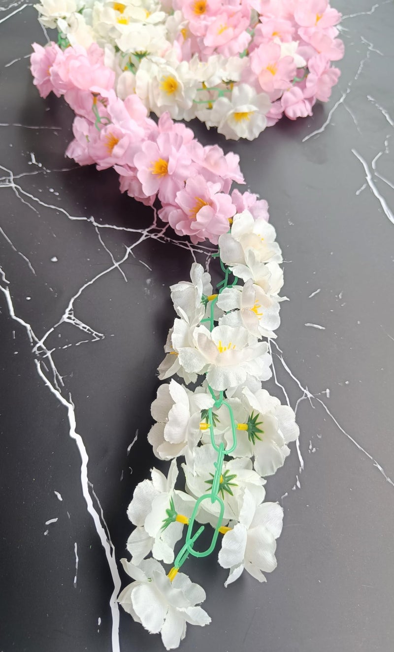 VRB Dec 1 Pcs Artificial Flowers Vine Blossom/Roses Garland Fake (6 feet) Flowers Fabric Roses/Blossom Garland for Wedding Decor Diwali/Ganpati/Garden Wall Valentine (White & Pink Combo Blossom) - Image 3