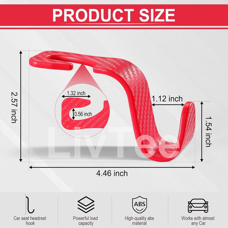 LivTee خطاف حقيبة سيارة من ، مجموعة من 4 قطع؛ أداة تخزين عالمية لخطافات لوحة الرأس لمقاعد السيارة، مناسبة للمعاطف والمظلات وأكياس البقالة والحقائب اليدوية، بلون الألياف الكربونية باللون الأحمر - Image 3