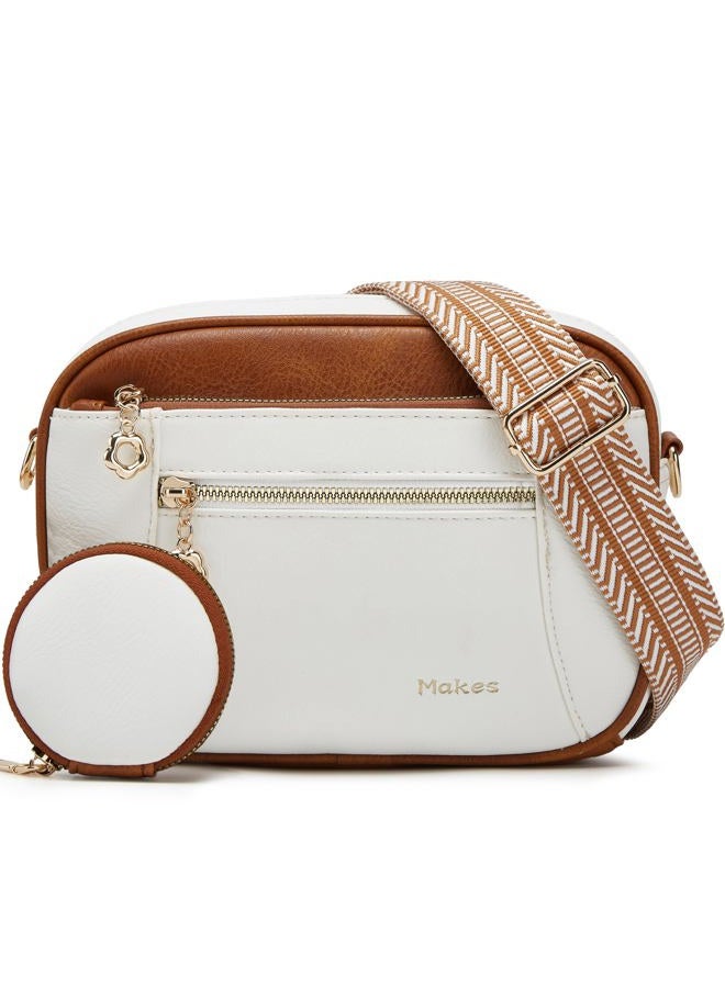 Makes Crossbody Purse for Women Small Crossbody Bags Trendy Vegan Leather with Adjustable Shoulder Straps Gift for Mother Wife Mom, Beige With Brown Minimalism Upgrade - Image 1