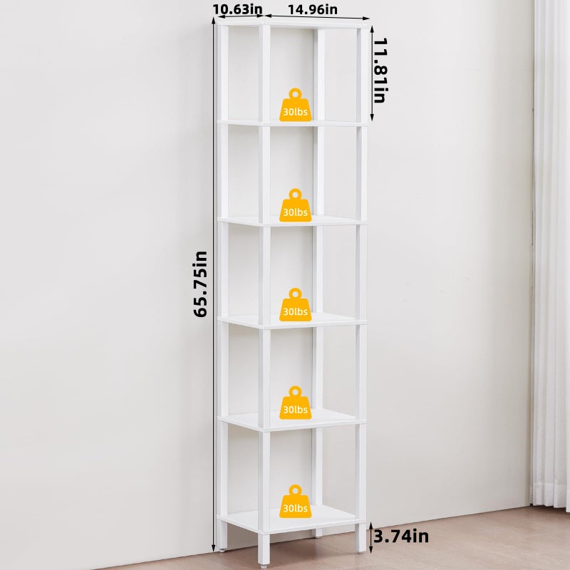 YUFAM 66in Tall Bookshelf 6-Tier Small Narrow Bookcase, Skinny Book Shelf for Small Space, Farmhouse Slim Shelf with Storage, Wood Freestanding Display Thin Bookshelves for Living Room, Office, White - Image 2