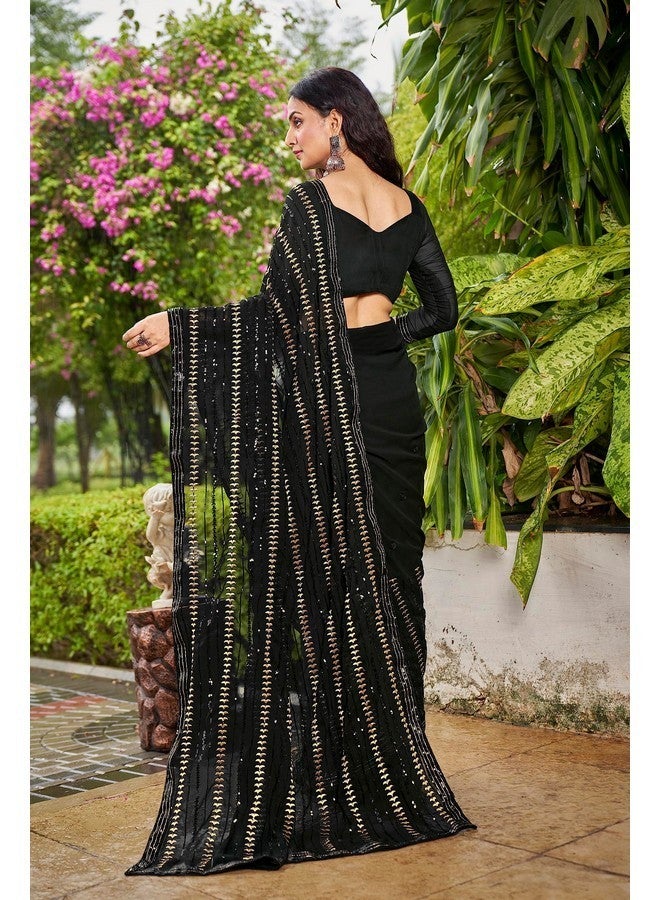 Glory Sarees ساري المجد للنساء - ساري جورجيت بتسلسل مع قطعة بلوزة (Sequence109_أسود) - Image 4