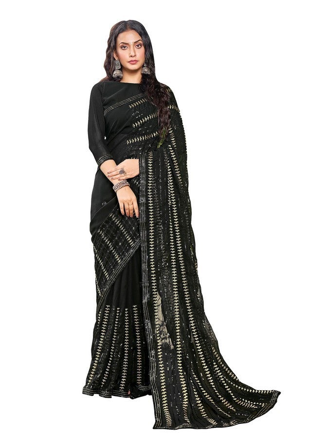 Glory Sarees ساري المجد للنساء - ساري جورجيت بتسلسل مع قطعة بلوزة (Sequence109_أسود) - Image 1