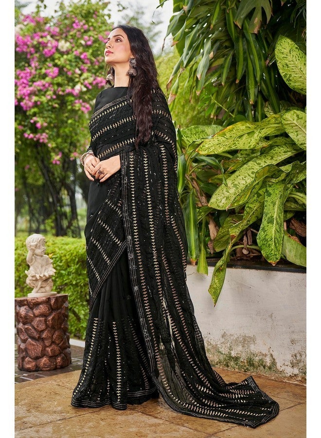 Glory Sarees ساري المجد للنساء - ساري جورجيت بتسلسل مع قطعة بلوزة (Sequence109_أسود) - Image 2