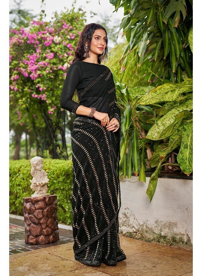 Glory Sarees ساري المجد للنساء - ساري جورجيت بتسلسل مع قطعة بلوزة (Sequence109_أسود) - Image 3