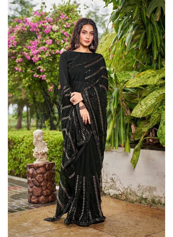 Glory Sarees ساري المجد للنساء - ساري جورجيت بتسلسل مع قطعة بلوزة (Sequence109_أسود) - Image 5