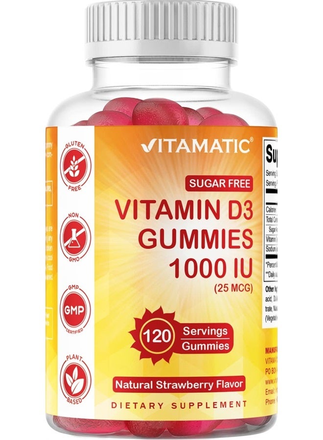 Vitamatic Sugar Free Vitamin D3-120 Pectin Based Gummies - Great Taste - Healthy Bones, Mood & Immune System Function - Non-GMO - 120 Servings (1000 IU)  - Image 1