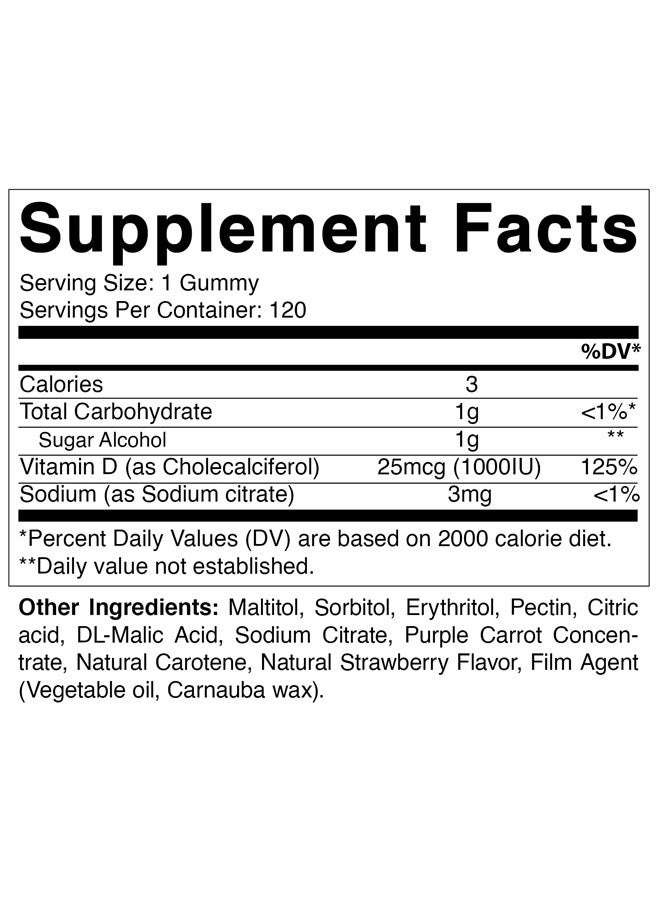 Vitamatic Sugar Free Vitamin D3-120 Pectin Based Gummies - Great Taste - Healthy Bones, Mood & Immune System Function - Non-GMO - 120 Servings (1000 IU)  - Image 2