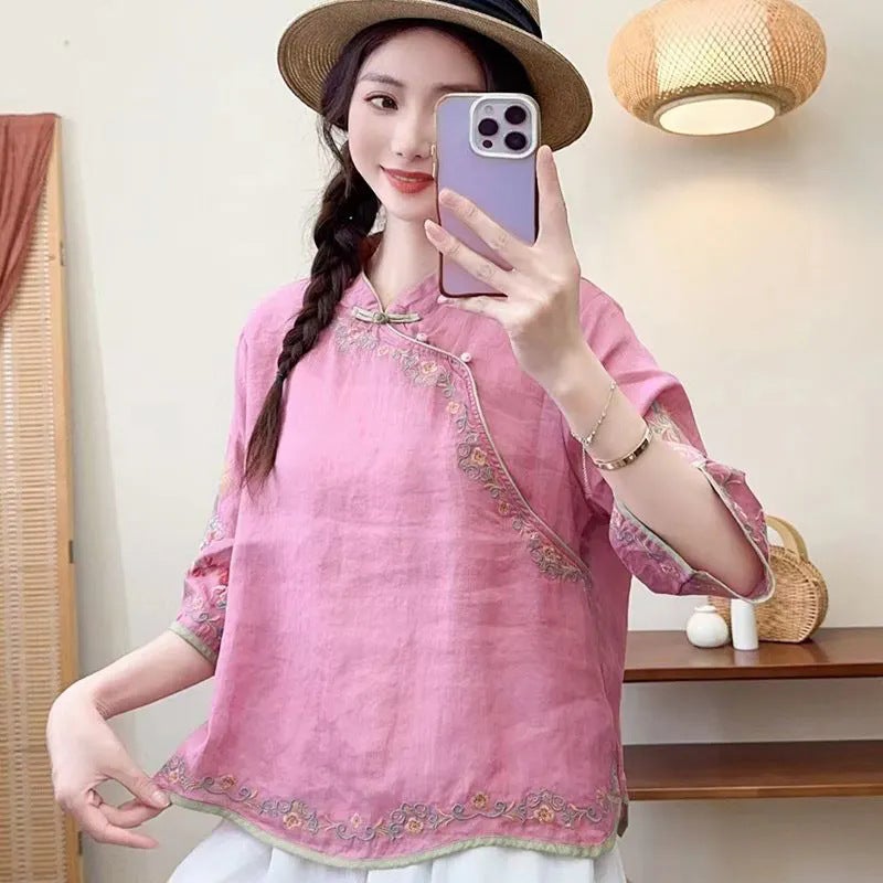 Womens Clothing Chinese Embroidered Cotton and Linen Artistic Retro Style Top with Buckle for Summer and Autumn New Style Oblique Placket Tea Clothes plus size Shirt N#A33 rose red shirt