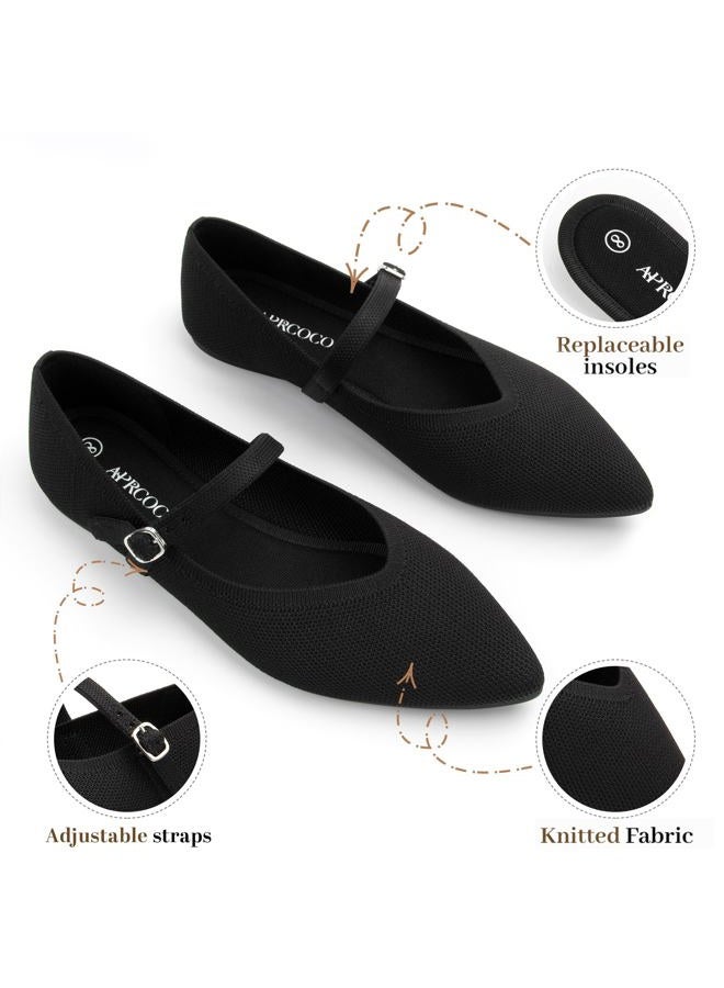 AprCoco Flats for Women Knit Pointed Toe Ballet Flat with Ankle Strap Casual Womens Shoes Comfort Soft Walking Office, Black, 6 - Image 3