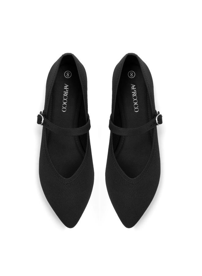 AprCoco Flats for Women Knit Pointed Toe Ballet Flat with Ankle Strap Casual Womens Shoes Comfort Soft Walking Office, Black, 6 - Image 1
