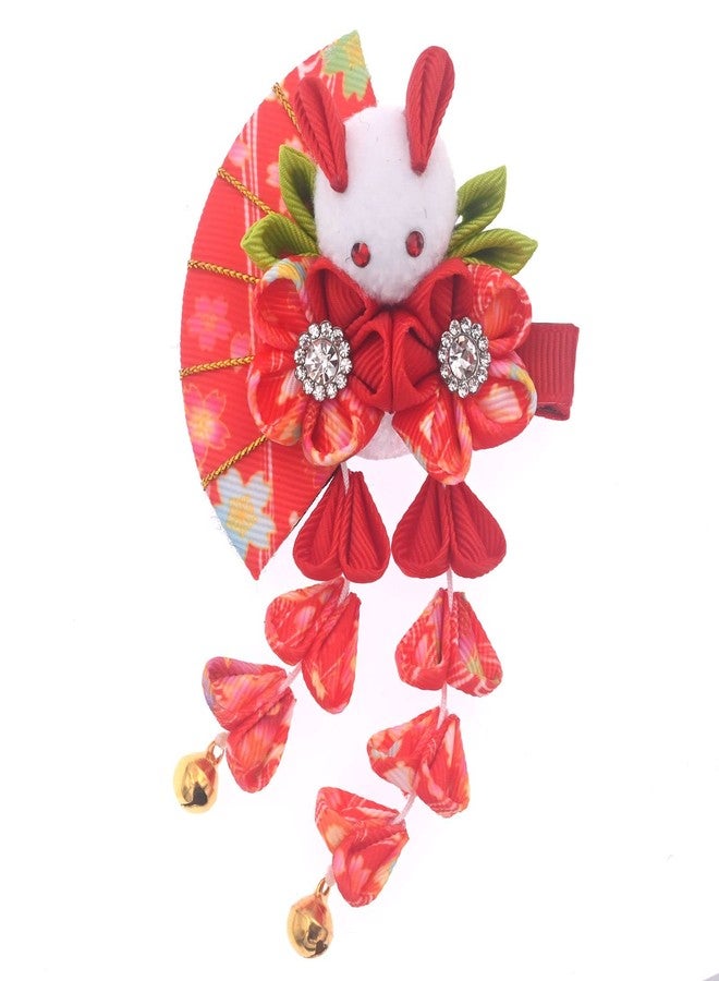 MIAO WU Japanese Hair Clips Kimono Flower HairPin, Women Girls Kimono Hanfu Rabbit Hair Accessories Kanzashi Flower Hair Tie Band Clip Gift (Red) - Image 2