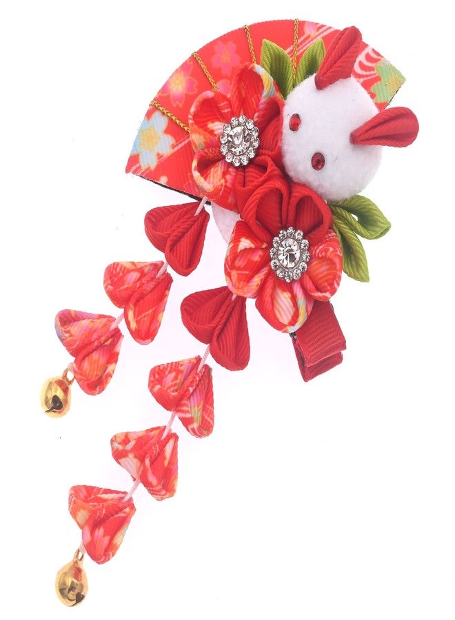 MIAO WU Japanese Hair Clips Kimono Flower HairPin, Women Girls Kimono Hanfu Rabbit Hair Accessories Kanzashi Flower Hair Tie Band Clip Gift (Red) - Image 3