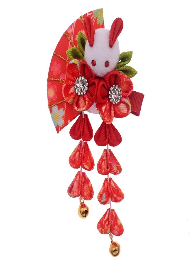 MIAO WU Japanese Hair Clips Kimono Flower HairPin, Women Girls Kimono Hanfu Rabbit Hair Accessories Kanzashi Flower Hair Tie Band Clip Gift (Red) - Image 1