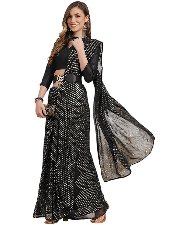 HEMOVIA Women's Plain Digital Print Cotton Silk Blend Saree with Silver Weaving Border Tassels-Elegant Ethnic Wear for Festive and Casual Occasions New 2025 (Vadhu Black) - Image 1