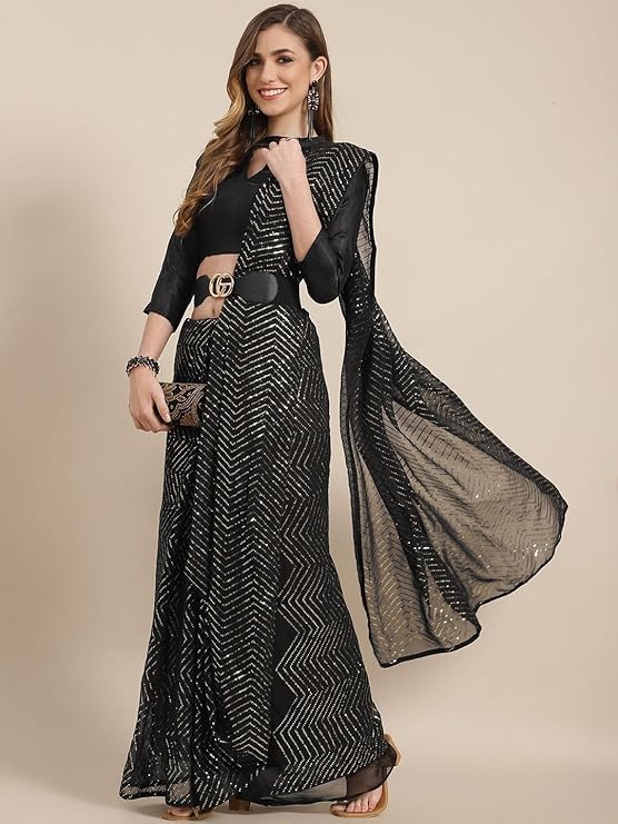 HEMOVIA Women's Plain Digital Print Cotton Silk Blend Saree with Silver Weaving Border Tassels-Elegant Ethnic Wear for Festive and Casual Occasions New 2025 (Vadhu Black) - Image 2