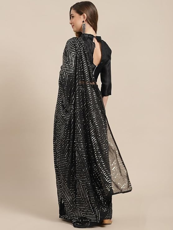 HEMOVIA Women's Plain Digital Print Cotton Silk Blend Saree with Silver Weaving Border Tassels-Elegant Ethnic Wear for Festive and Casual Occasions New 2025 (Vadhu Black) - Image 4