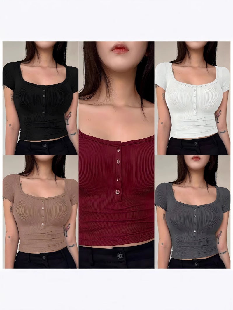 Style Elegant Women'S Buttoned Half Placket Ribbed Knitted Slim T-Shirt - Image 2