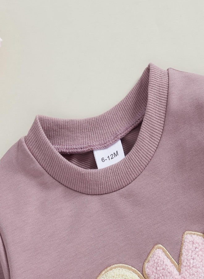Socutebabe Toddler Valentines Outfits Baby Girl Clothes Love Embroidery Long Sleeve Crewneck Sweatshirts Pullovers (Purple, 2-3 Years) - Image 4
