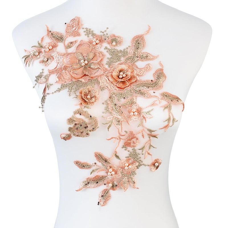 Silvora Colorful Flower Fabric Beaded Lace Applique3D Embroidered Flower Fabric Patch for Bridal Dress Handmade Sewing Tool for Wedding DIY CraftsOrange