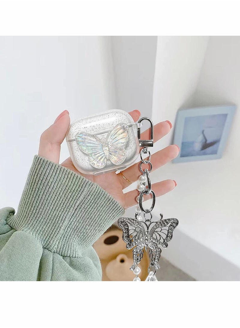 Compatible with AirPods 3 Case Cover, 3rd Generation 2021, with Cute 3D Clear Glitter erfly Design Smooth Soft TPU Cover Case for Airpods 3, Pretty Design Bling Shiny Stylish with Keychain