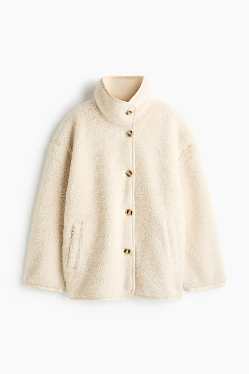Oversized funnel-collar teddy jacket