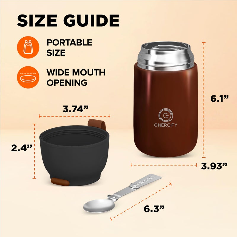 ENERGIFY Vacuum Insulated Food Jar. Large 24oz Bowl incl. Folding Spoon, Cup. Wide Mouth Keep Hot & Cold Drinks Soup Lunch Container for Adults. BPA-Free Stainless Steel, Leak Proof Red Mahogany - Image 4