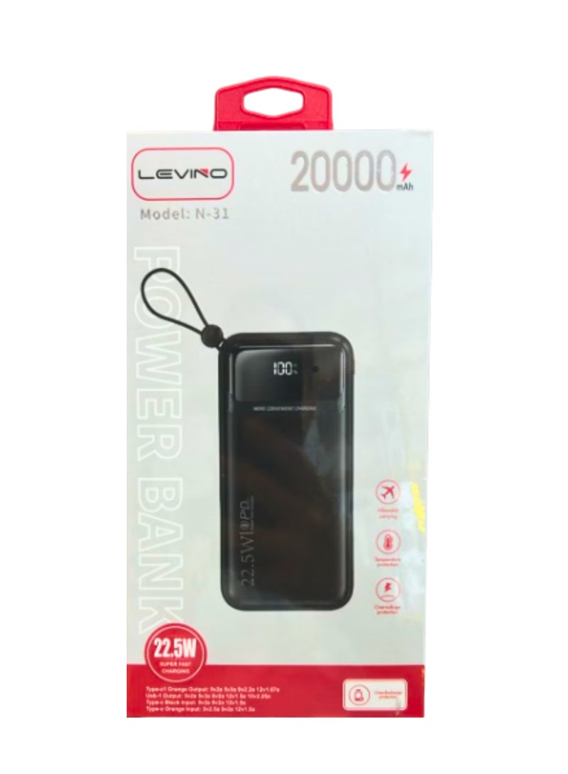 ليفينو بنك طاقة 20000 مللي أمبير/ساعة مع شحن سريع 22.5 واط - 4 منافذ USB و2 من النوع C، شاشة رقمية، معتمد للطيران، حماية من الجهد الزائد ودرجة الحرارة، يتضمن كابلات Type C وLightning وUSB - أبيض - Image 4