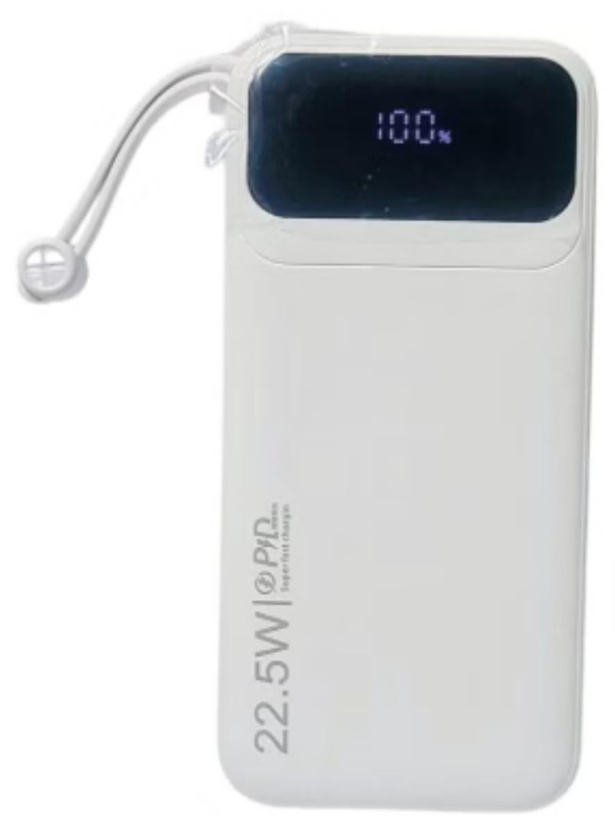 20000mAh Power Bank with 22.5W Fast Charging – 4 USB & 2 Type-C Ports, Digital Display, Flight-Approved, Overvoltage & Temperature Protection, Includes Type-C, Lightning & USB Cables – White