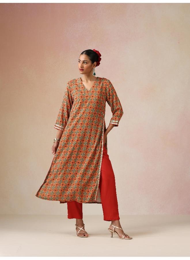 trueBrowns Green Red Print Viscose Straight High-Slit Kurta Set - Image 2