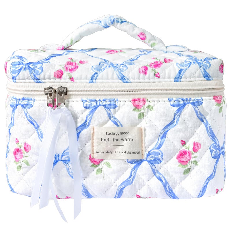 Sminra Makeup Bag Large Travel Quilted Cosmetic Makeup Bag Organizer Floral Cotton Coquette Aesthetic Toiletry Bag for Women Girls Blue Bow FlowersL - Image 2