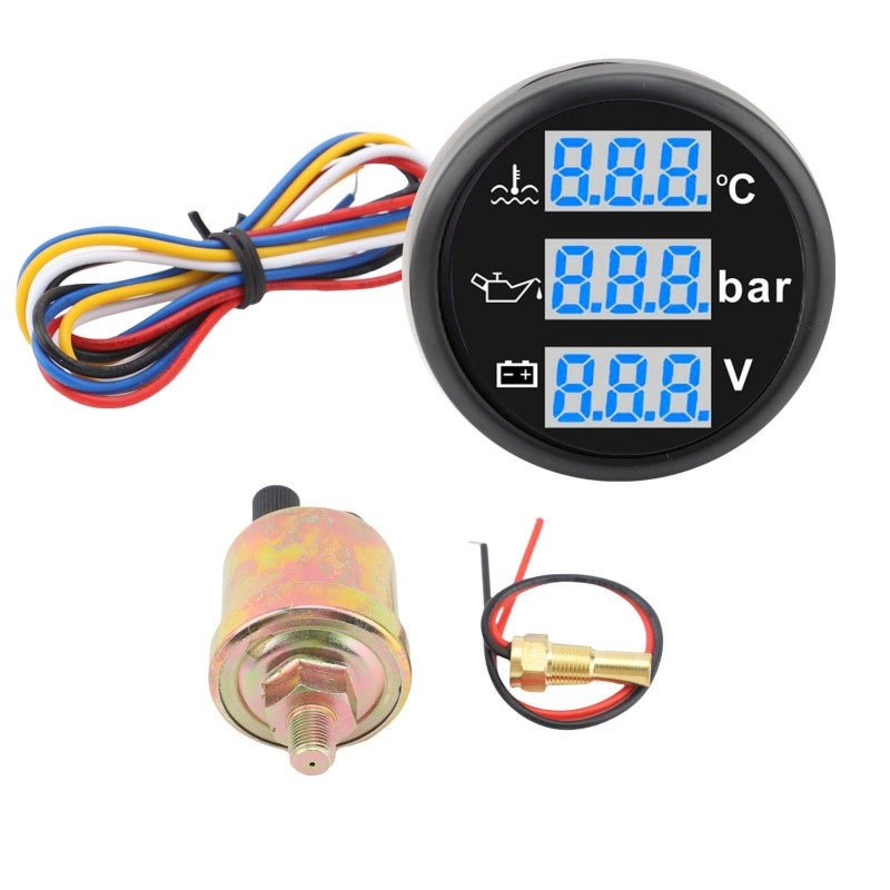 Triple Gauge Set: 2-1/16 Inch Black Dial Black Cover, Real Time Precise Monitoring - Safety Reminding System, 3 In 1 Waterproof Gauge for Cars, Rvs, Trucks, Boats, Motorcycles - Image 1