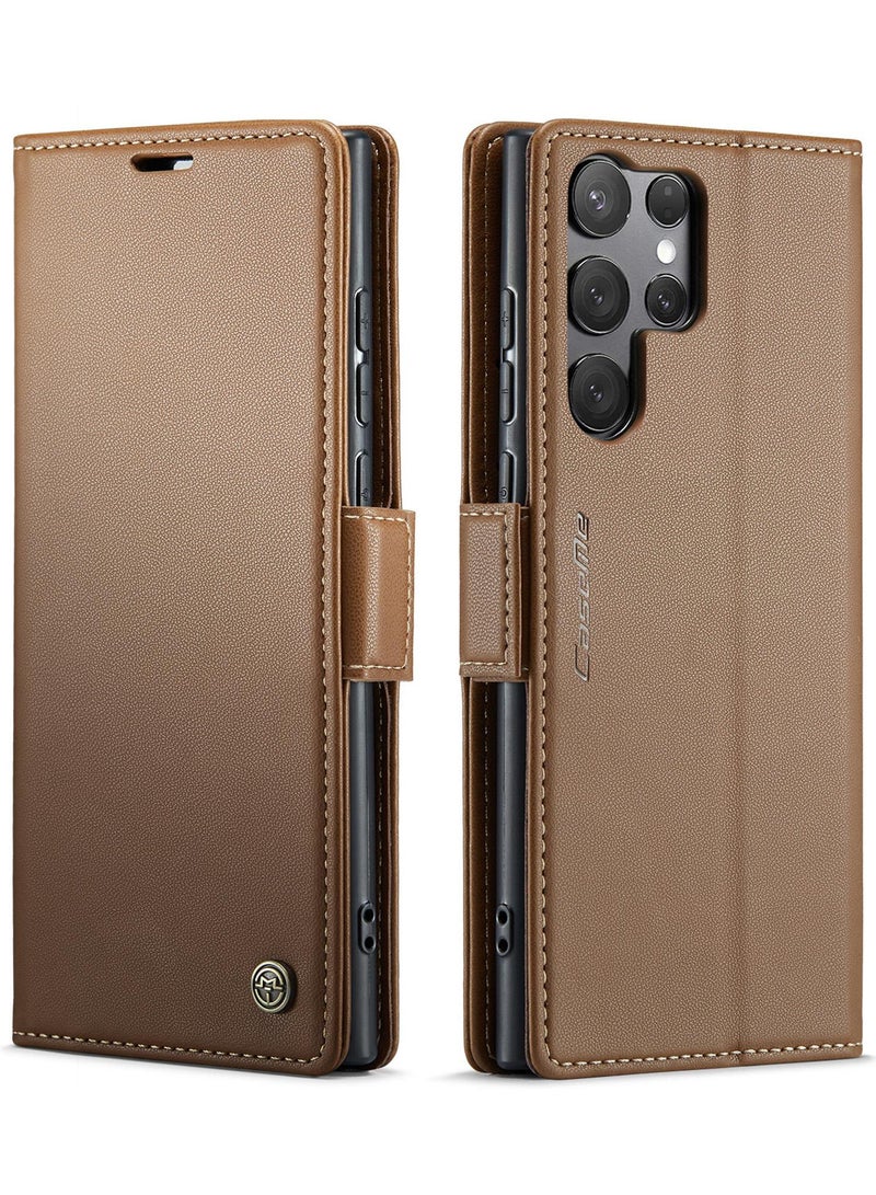 CaseMe Flip Wallet Case For Samsung Galaxy S25 Ultra RFID Blocking PU Leather Wallet Flip Folio Case with Card Holder Kickstand Shockproof Phone Cover - Brown - Image 1