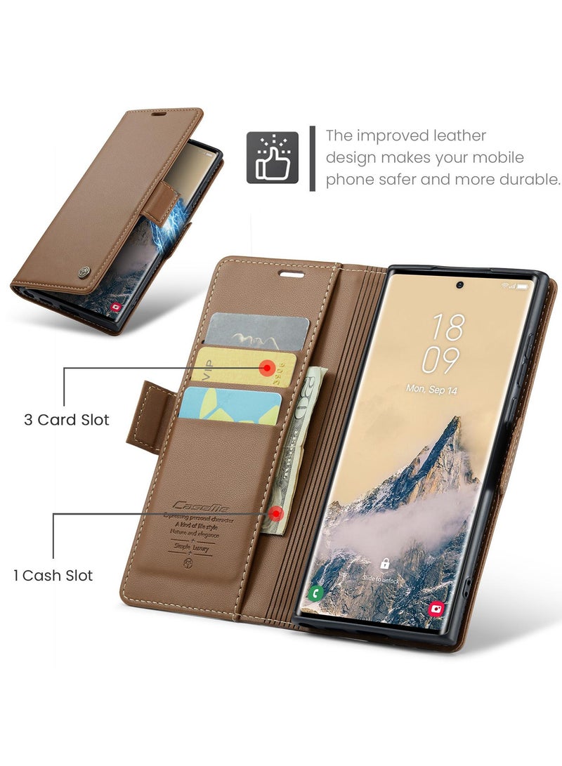 CaseMe Flip Wallet Case For Samsung Galaxy S25 Ultra RFID Blocking PU Leather Wallet Flip Folio Case with Card Holder Kickstand Shockproof Phone Cover - Brown - Image 2