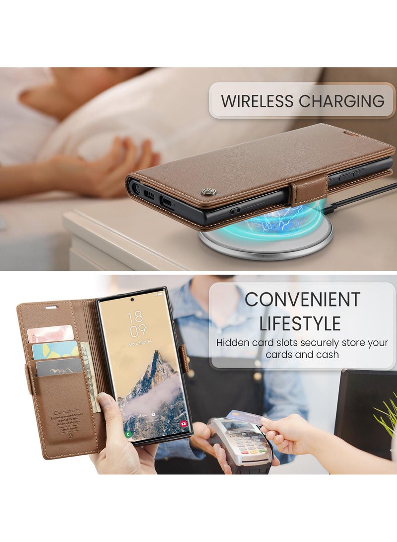 CaseMe Flip Wallet Case For Samsung Galaxy S25 Ultra RFID Blocking PU Leather Wallet Flip Folio Case with Card Holder Kickstand Shockproof Phone Cover - Brown - Image 5