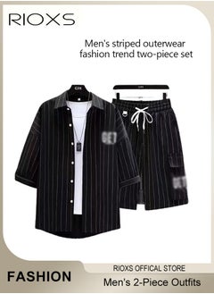 RIOXS Men's 2-Piece Outfits with Striped Shirt and Shorts, Fashionable Summer Outfit, Comfortable Drawstring Shorts and Button-down Shirt Sets, Ideal for Everyday Wear  - Image 5