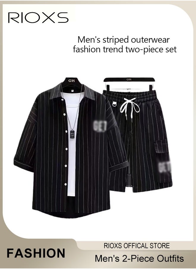 RIOXS Men's 2-Piece Outfits with Striped Shirt and Shorts, Fashionable Summer Outfit, Comfortable Drawstring Shorts and Button-down Shirt Sets, Ideal for Everyday Wear  - Image 5