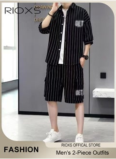 RIOXS Men's 2-Piece Outfits with Striped Shirt and Shorts, Fashionable Summer Outfit, Comfortable Drawstring Shorts and Button-down Shirt Sets, Ideal for Everyday Wear  - Image 1