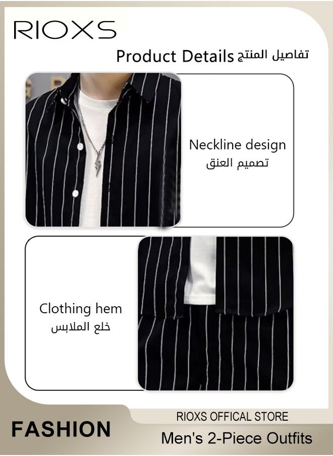 RIOXS Men's 2-Piece Outfits with Striped Shirt and Shorts, Fashionable Summer Outfit, Comfortable Drawstring Shorts and Button-down Shirt Sets, Ideal for Everyday Wear  - Image 2