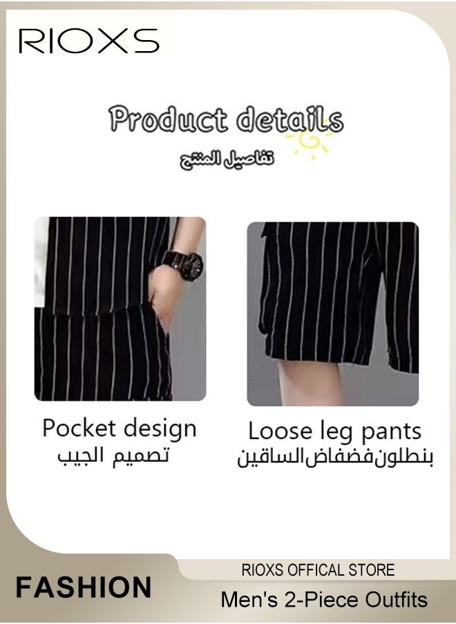 RIOXS Men's 2-Piece Outfits with Striped Shirt and Shorts, Fashionable Summer Outfit, Comfortable Drawstring Shorts and Button-down Shirt Sets, Ideal for Everyday Wear  - Image 3