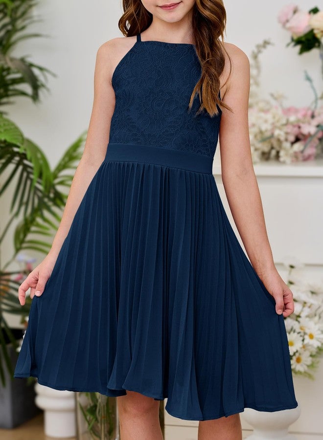 HOSIKA Girls Halter Neck Summer Sleeveless Elegant Floral Lace Chiffon A-Line Flared Swing Party Dress for 6-12 Y, Navy Blue, 6 Years - Image 3
