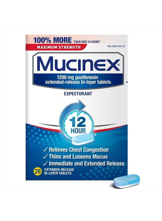 MUCINEX 1200mg Maximum Strength Chest Congestion & Mucus Relief, Guaifenesin Expectorant - 28ct Tablets - Image 1